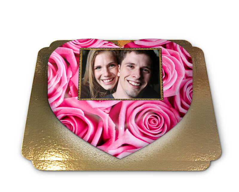 Herzförmige Fototorte mit rosa Rosen (Groß ((34×31 cm)20 Portionen))