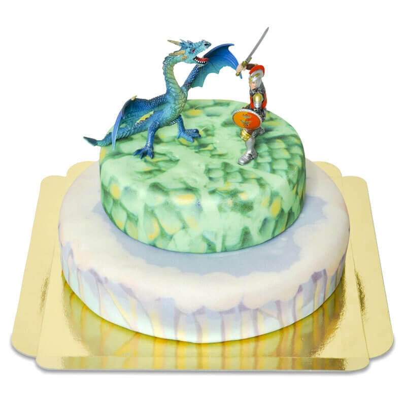 Zweistöckige Fantasietorte mit Drachenfigur