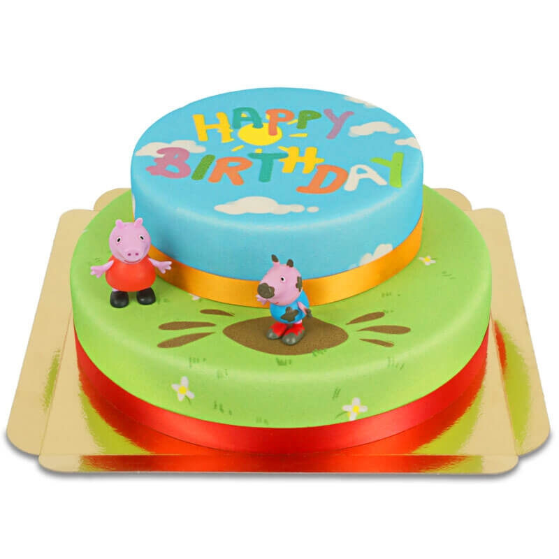 Peppa Pig und George auf einer zweistöckigen Wiesentorte