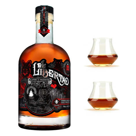 El Libertad 8 Jahre Sherry Spiced Rum 41,8 % und 2 Gläser