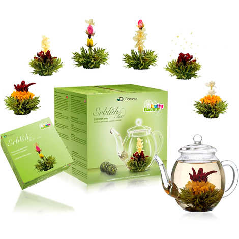 Geschenkset mit Teekanne und Abloom-Grünteeblumen
