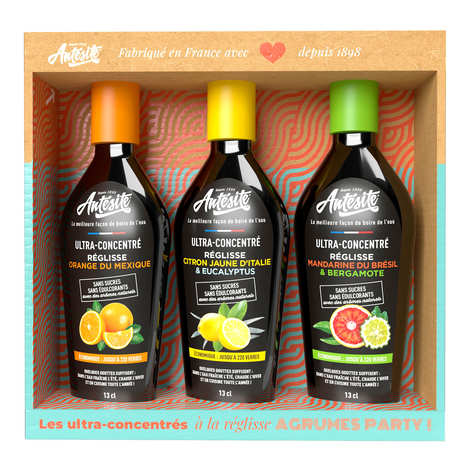 Citrus Party Box mit 3 hochkonzentrierten Lakritzbonbons in den Geschmacksrichtungen Orange, Mandarine und Zitrone - Antesite