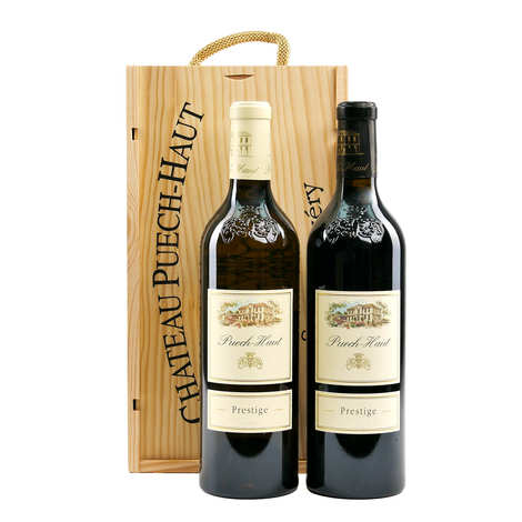 Kiste mit 2 Flaschen Chateau Puech-haut – 1 Prestige-Rotwein 75 cl + 1 Prestige-Weißwein 75 cl