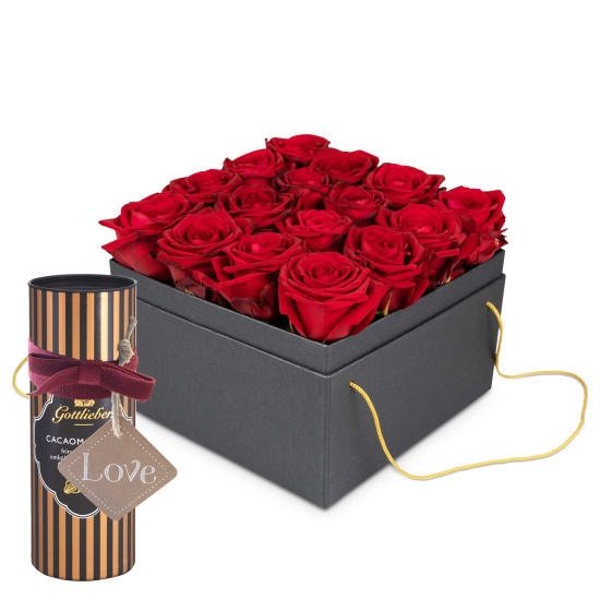 Flowerbox «Paris» (20 cm) mit Gottlieber Kakaomandeln und hängendem Geschenkanhänger «Love»