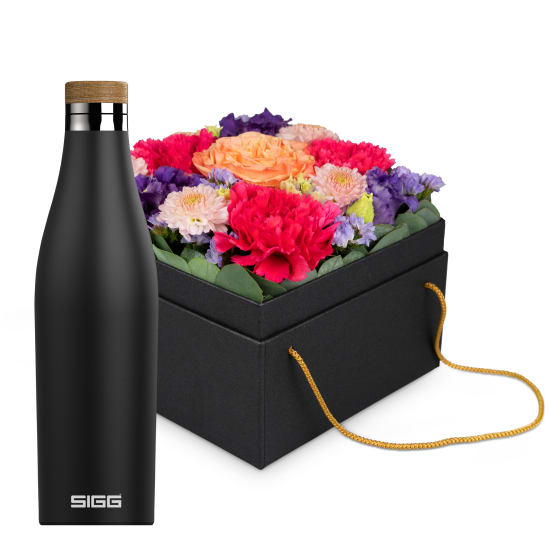 Blumenbox «Amsterdam» (15 cm) mit SIGG Trinkflasche Meridian Black 0,5L