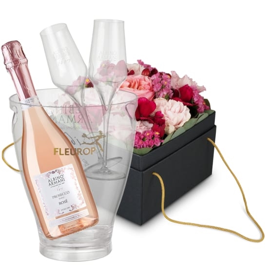 Blumenkasten „Sevilla“ (15 cm) mit Prosecco Rosé Albino Armani DOC (75 cl), inkl. Eiskübel und zwei Sektgläsern