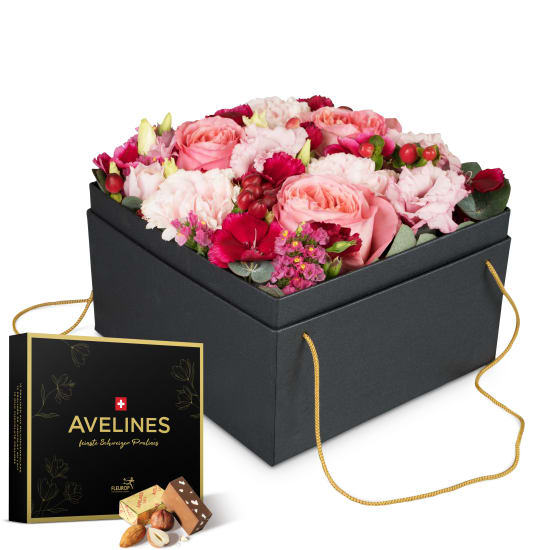 Fleurop Blumenkasten „Sevilla“ (20 cm) mit Avelines Pralinen von Maestrani