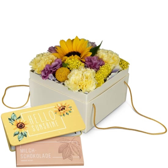 Flowerbox «Arles» (15 cm) mit Munz Tafel Schokolade «Hello Sunshine»