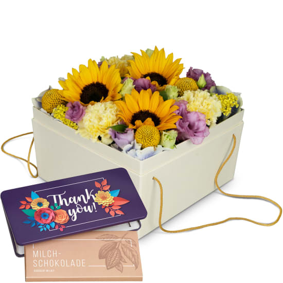 Blumenbox Arles (20 cm) mit Munz-Tafel Schokolade Danke