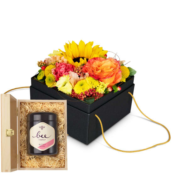 Blumenbox «Cuzco» (15 cm) mit Bee-Family Schweizer Blütenhonig