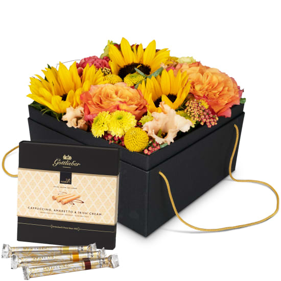 Blumenbox «Cuzco» (20 cm) mit Gottlieber Happen «Special Edition für Geschenkblumen»