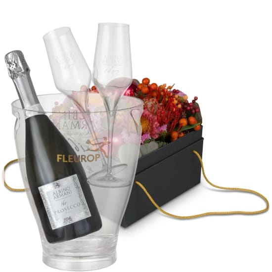 Flowerbox London (15 cm) mit Prosecco Albino Armani DOC (75 cl) inkl. Eiskübel und zwei Sektflöten