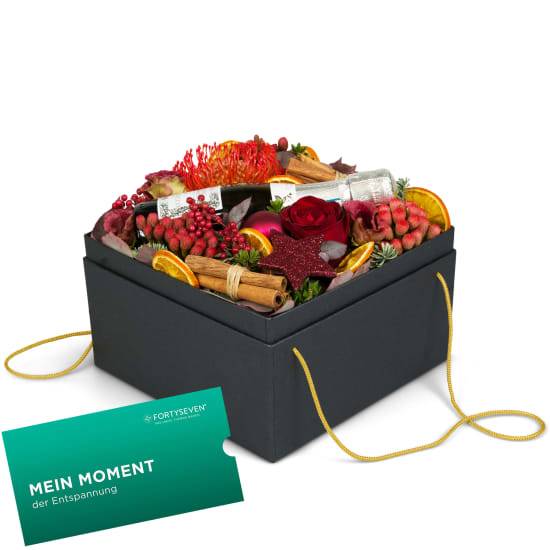 Flowerbox «Montreux» (20 cm) mit Prosecco Albino Armani DOC (20 cl) und einem CHF 100.- Geschenkgutschein von FORTYSEVEN Wellness-Therme