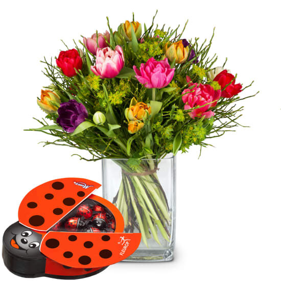 Flower bouquet «Colorful Tulip Dream» with Munz chocolate ladybird (Minimum)