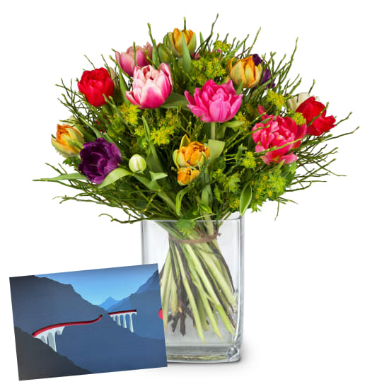 Blumenstrauß „Bunter Tulpentraum“ mit einem Geschenkgutschein der Rhätischen Bahn (Mindestbestellwert)