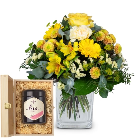 Flower bouquet Sunny Vibes with Bee-Family Swiss blossom honey (Minimum)