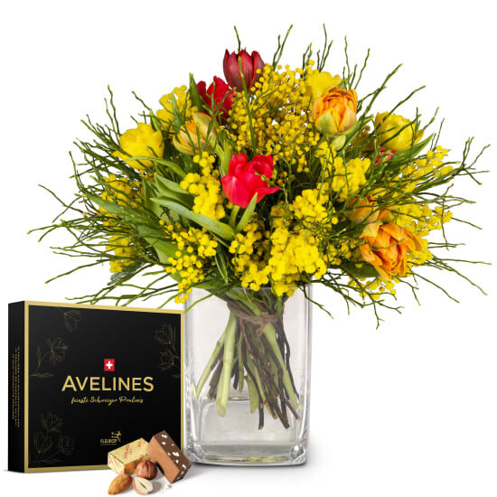 Blumenstrauß „Frühlingsfreude“ mit Avelines-Pralinen von Maestrani (Minimum)