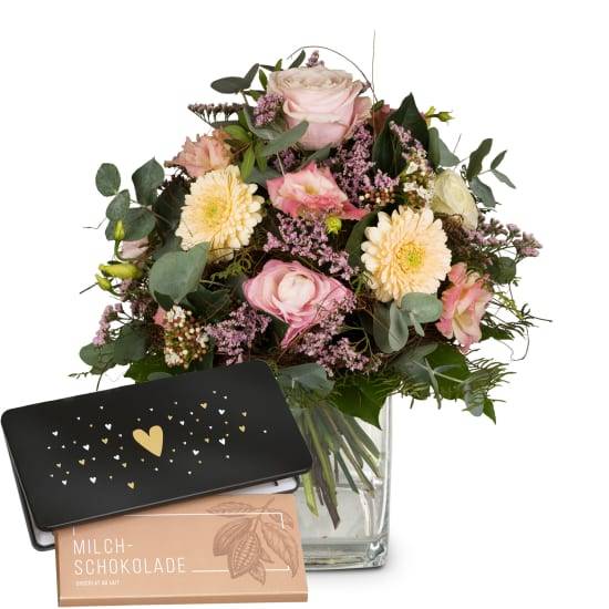 Blumenstrauß „Ein Hauch von Frühling“ mit Munz-Schokoladentafel „Herz“ (Mindestbestellmenge)