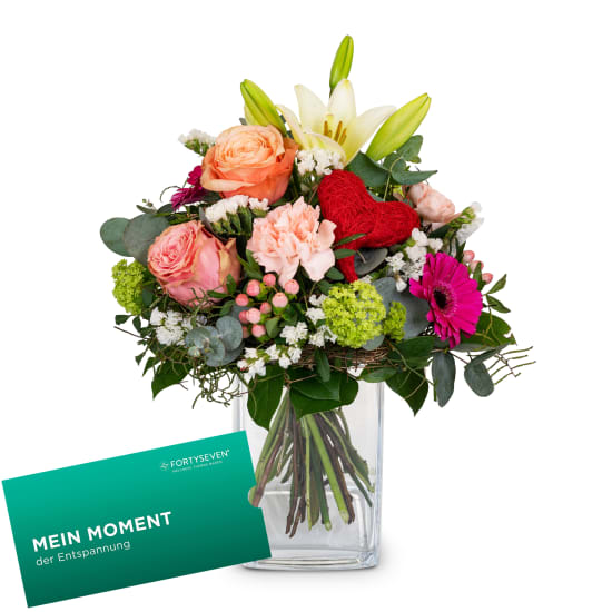 Muttertagstrauss mit einem CHF 100.- Geschenkgutschein der Wellness-Therme FORTYSEVEN (Minimum)