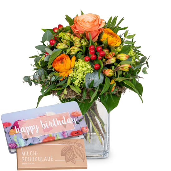 Blumenstrauß „Frühlingsboten“ mit Munz-Schokoladentafel „Alles Gute zum Geburtstag“ (Mindestbestellmenge)