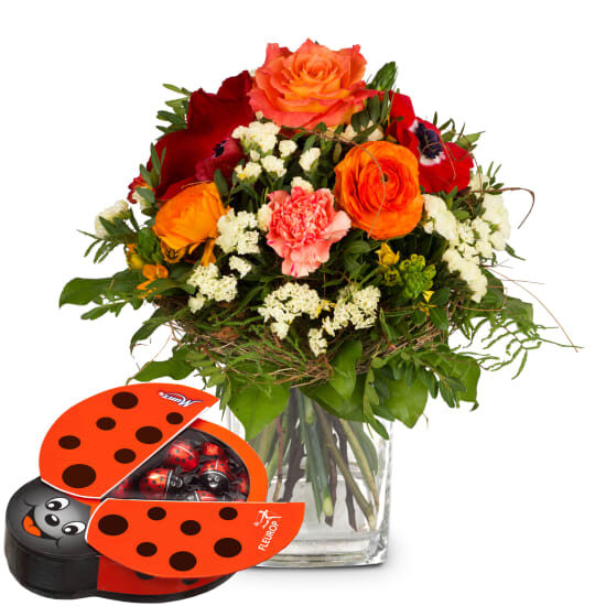 Blumenstrauß „Frühlingsüberraschung“ mit Munz-Schokoladen-Marienkäfer (Mindestbestellmenge)