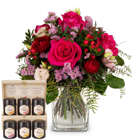 Blumenstrauß „Poesie mit Rosen“ mit Honig-Geschenkset von Bee-Family (Mindestbestellwert)