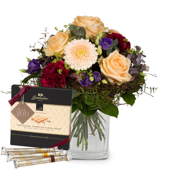 Bunter Blumentraum mit Gottlieber Huppen und hängendem Geschenkanhänger Dankeschön (Minimum)