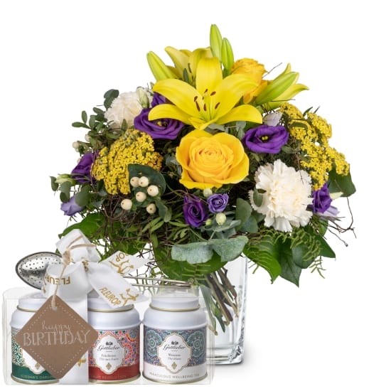 Sommersonnenschein mit Lilien und Gottlieber-Tee-Geschenkset und hängendem Geschenkanhänger «Happy Birthday» (Minimum)