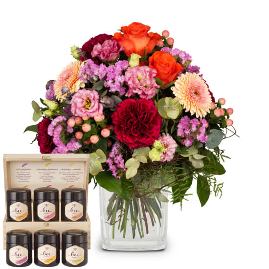 Geschenkset „Bunte Wünsche von Tulpen mit Honig der Bienenfamilie“ (Minimum)