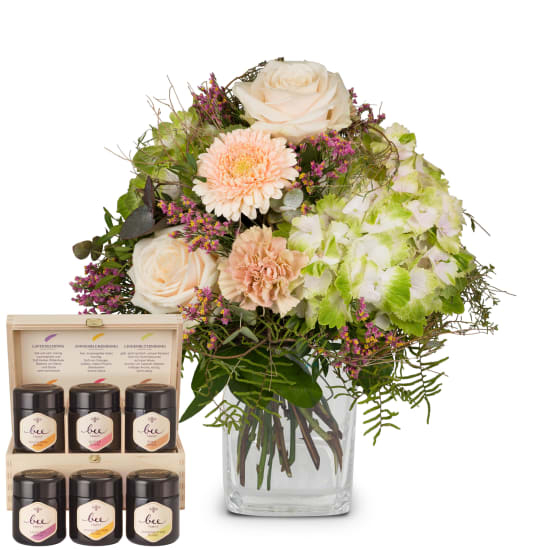 Romantischer Hortensienstrauß mit Bienenfamilie-Honig-Geschenkset (Minimum)