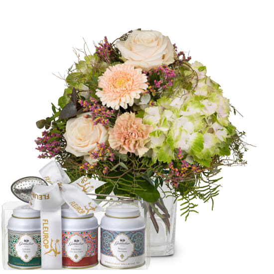 Romantischer Hortensienstrauß mit Gottlieber Tee-Geschenkset (Minimum)