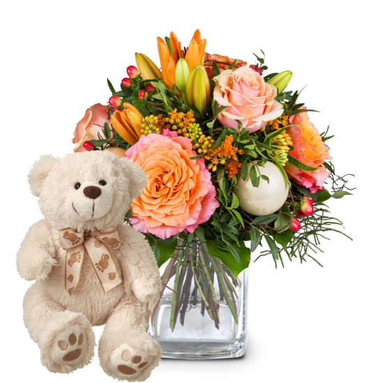 Blumenstrauß „Zauberhafte Adventszeit“ mit Teddybär (Mindestbestellwert)