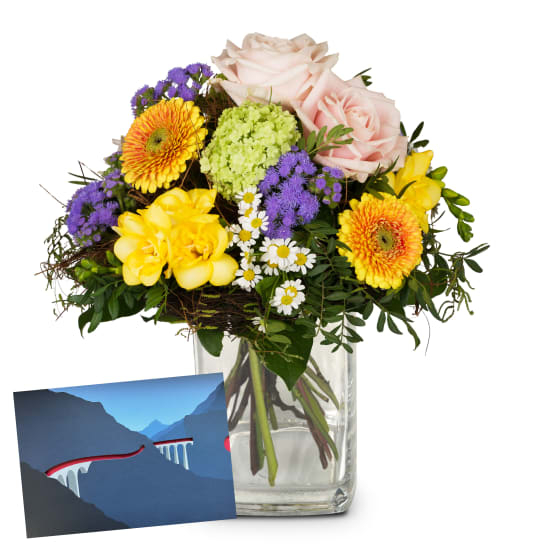 Blumenstrauß „Glückliche Momente“ mit einem Geschenkgutschein der Rhätischen Bahn (Mindestbestellwert)