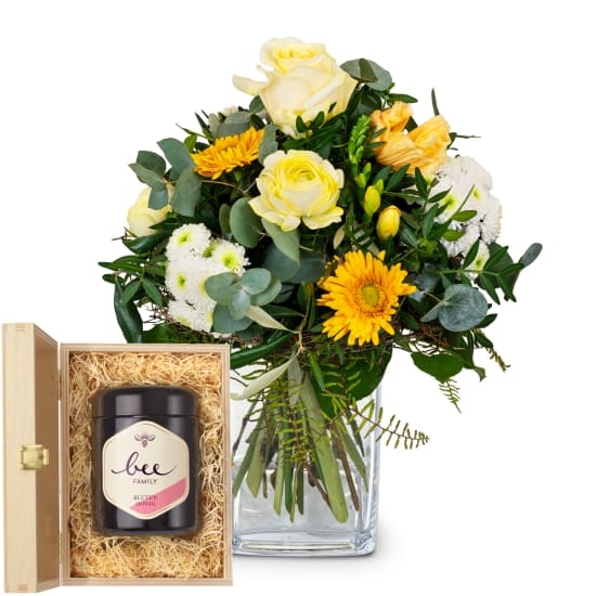 Blumenstrauß des Monats „März“ mit Schweizer Blütenhonig von Bee-Family (Mindestmenge)