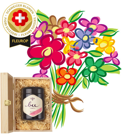Blumenstrauß „Schweizer Blumen“ mit Schweizer Blütenhonig von der Bienenfamilie (Mindestmenge)