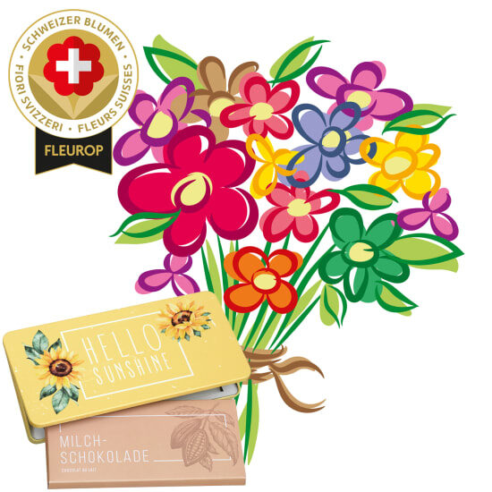 Seasonal bouquet with Swiss flowers and Munz bar of chocolate Hello Sunshine (Minimum)