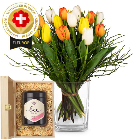 Blumenstrauß „Schweizer Tulpen“ mit Schweizer Blütenhonig von Bienenfamilien