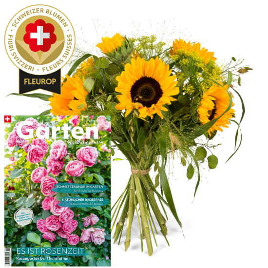 Sonnenblumenstrauß mit Schweizer Blumen und Magazin «Schweizer Garten»