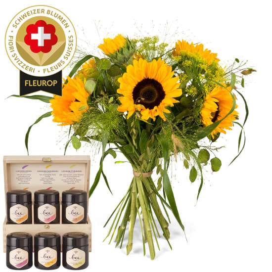 Sonnenblumenstrauß mit Schweizer Blumen und Bee-Family-Honig-Geschenkset