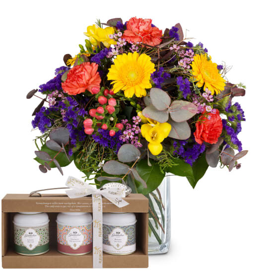 Blumenstrauß „Gute Laune“ mit Gottlieber-Tee-Geschenkset (Mindestbestellwert)