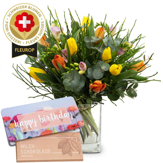 Blumenstrauß „Schweizer Frühlingsblumen“ mit Munz-Schokoladentafel „Alles Gute zum Geburtstag“