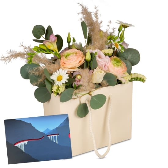 Blumensack «Zarter Frühling» mit einem CHF 50.- Geschenkgutschein der Rhätischen Bahn