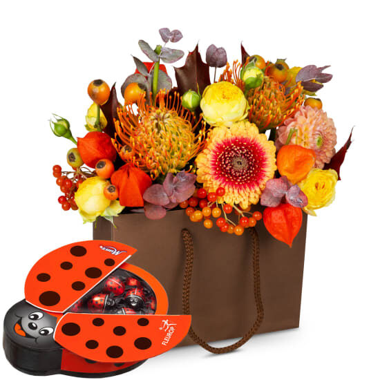 Blumenbeutel Prachtvoller Herbst mit Munz Schoko-Marienkäfer