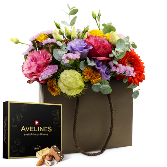 Blumentasche „Happiness“ mit Avelines-Pralinen von Maestrani