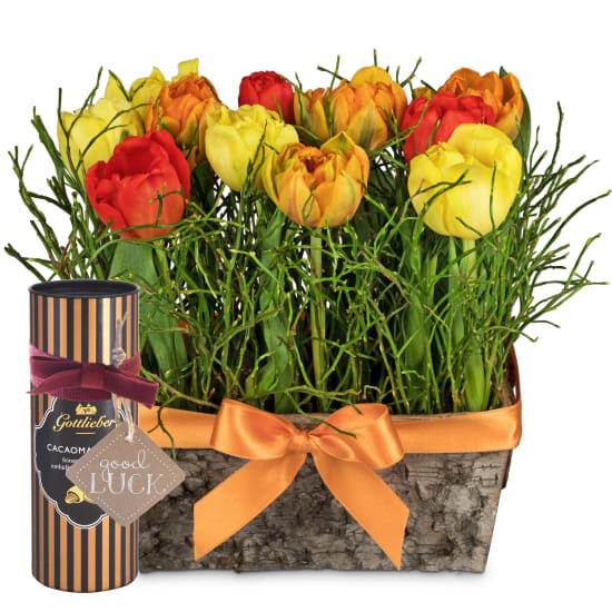Blumenarrangement „Fröhliche Tulpenwiese“ mit Gottlieber Kakaomandeln und hängendem Geschenkanhänger „Viel Glück“