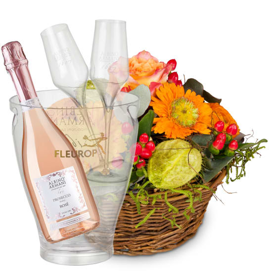Blumenarrangement „Reiner Frühling“ mit Prosecco Rose Albino Armani DOC (Mindestmenge)