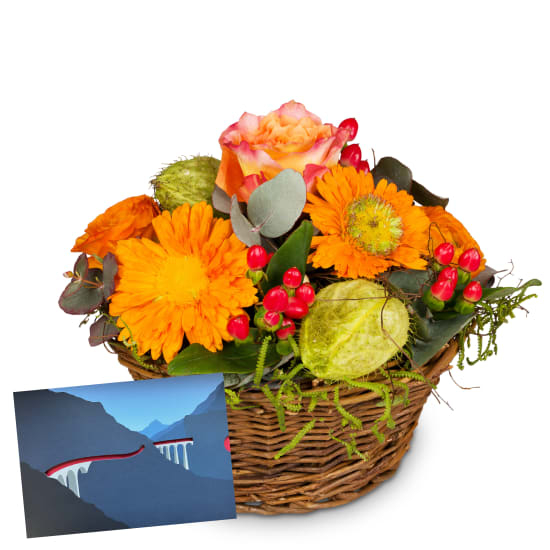 Blumenarrangement „Reiner Frühling“ mit einem Geschenkgutschein der Rhätischen Bahn (Mindestbestellwert)