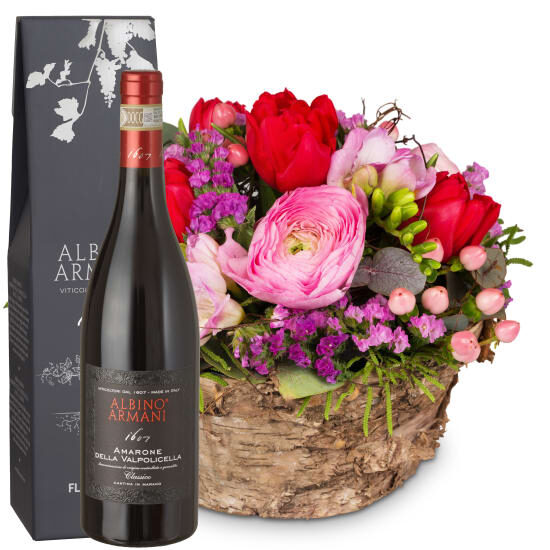 Flower arrangement «Delicate Spring Creation» with Amarone Albino Armani DOCG (Minimum)