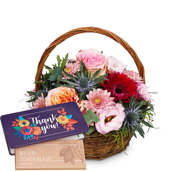 Romantic Flower Greeting with Munz bar of chocolate Thank you (Minimum)