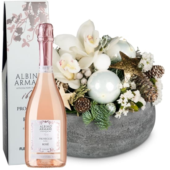 Blumenarrangement „Große Momente“ mit Lichterketten und Prosecco Rosé Albino Armani DOC (75 cl)